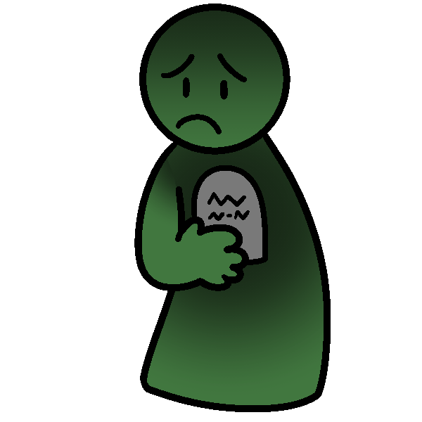 An upset green person with a hand on their chest, which has a gravestone on it. The gravestone has a dark gradient coming from it.